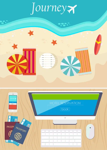 Hotel online booking e concetto di viaggio. Illustrazione vettoriale design piatto. Banner web, icone, materiale promozionale . — Vettoriale Stock