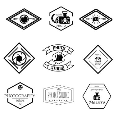 Vektör fotoğraf ve logo şablonları kümesi. Fotoğraf stüdyosu logotypes, tasarım öğeleri. Etiketleri, amblemler, rozetleri, simgeler
