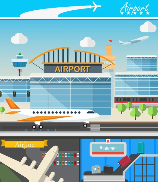 Construcción de aeropuertos e ilustración vectorial de concepto de viaje en diseño plano. Terminal, despegue, pistas de aterrizaje . — Archivo Imágenes Vectoriales