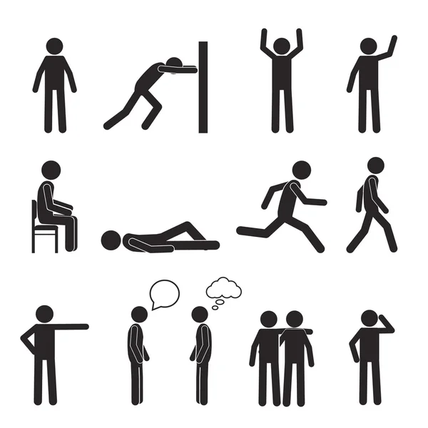 Adam duruş piktogram Icons set. İnsan vücudu eylem pozlar ve rakamlar. Beyaz arka plan üzerinde izole vektör çizim.