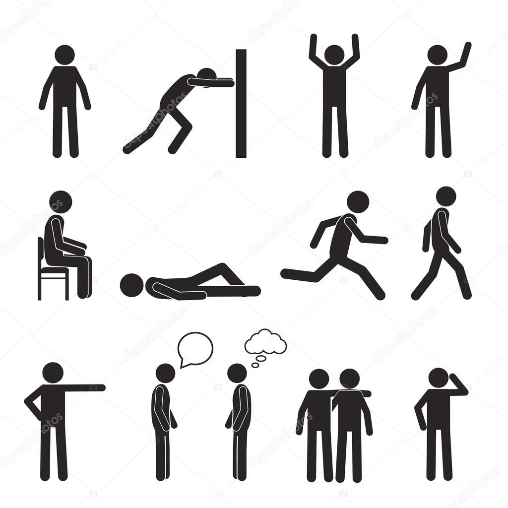 Man posture pictogram icons set. Human body action poses and figures. Vector illustration isolated on white background.