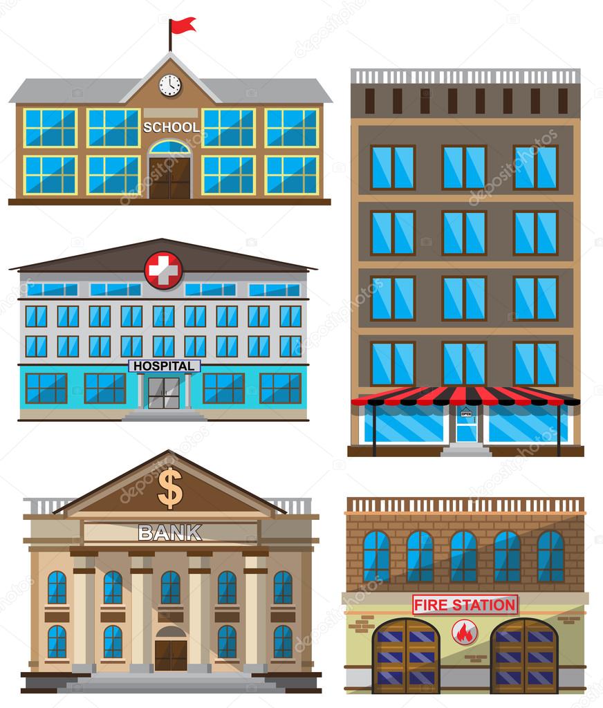 Vector set of flat buildings decorative icons. Design elements isolated on white background. School, hotel, hospital, fire station, bank.