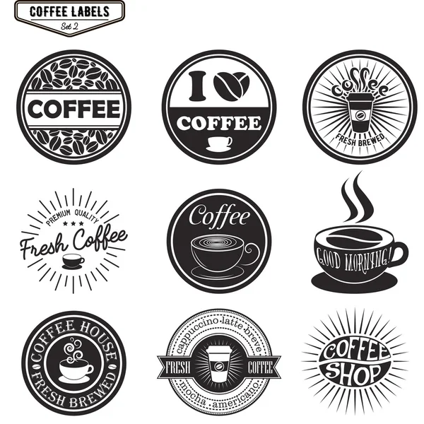 Zestaw kawa etykiety, elementów dekoracyjnych, herby i odznaki. Ilustracja na białym tle wektor w stylu vintage. — Wektor stockowy