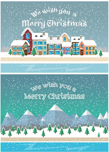 Weihnachtszeit. Kleinstadt im Schneefall. Vektor Illustration flachen Stil Design. Karten und Banner für die Neujahrsfeier. — Stockvektor