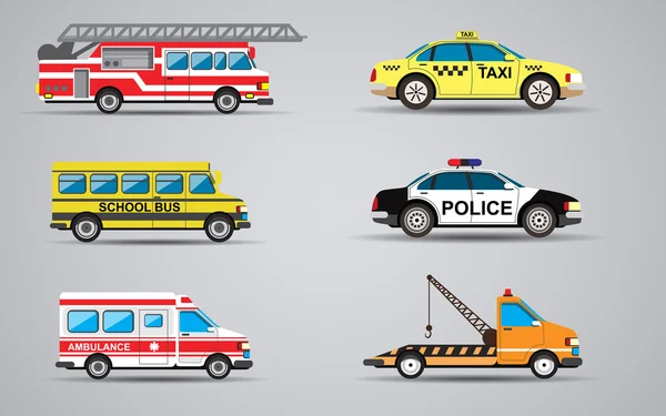 Conjunto vetorial dos ícones de transporte isolados. Caminhão de bombeiros, ambulância, carro da polícia, autocarro escolar, táxi . — Vetor de Stock