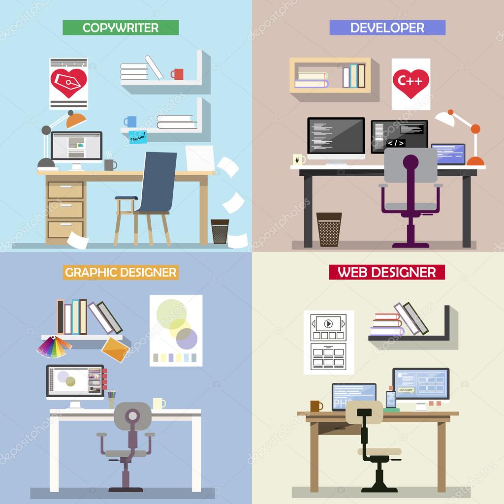 Vector Design Concept For Working Places Set Of Office Desks