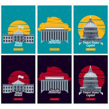 ABD turist hedef posterler. ABD'li ünlü binaları ile vektör çizim. Capitol, Beyaz Saray, Lincoln Memorial Anıtı