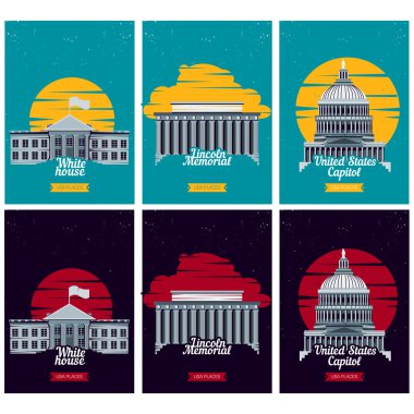 USA tourist destination posters. Vector illustration with American famous buildings. Capitol, White House, Lincoln Memorial monument clipart