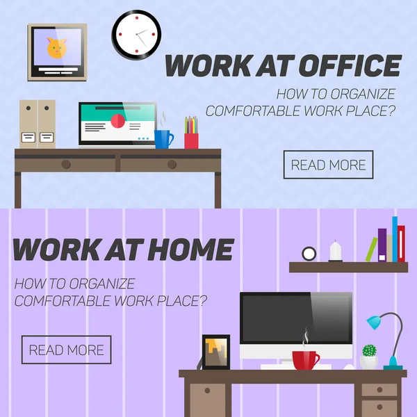 가정 및 사무실 직장 개념입니다. 평면 디자인 벡터 일러스트입니다. 책상, 컴퓨터, 책, 액세서리 룸 인테리어 — 스톡 벡터