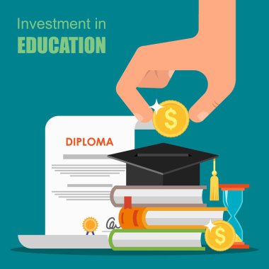 Eğitim kavramı içinde yatırım. Vektör çizim düz tasarımı. Kitap, yığını diploma ve üniversite öğrenci kap
