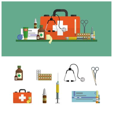 Health care medical flat banners. First aid icons set and design elements. Medical tools, drugs, scissors, stethoscope, syringe clipart