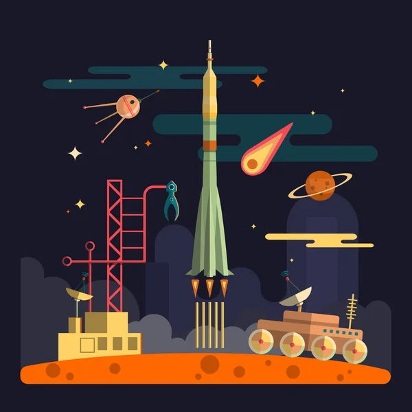 Raketenstart im Hintergrund der Weltraumlandschaft. Vektorillustration in flachem Design. Planeten, Satelliten, Sterne, Mond-Rover, Kometen, Mond. — Stockvektor