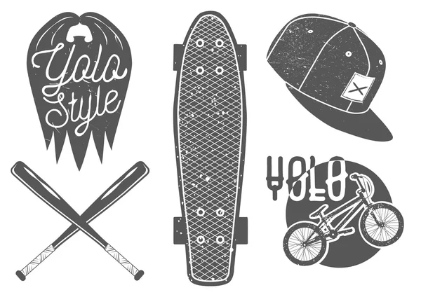 Vector set of vintage sport labels, emblems, logo. Yolo lettering and typography. Skateboard, baseball bat, rap cap, bicycle — Stock Vector