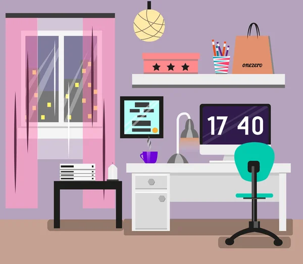 Εσωτερική επίπεδη σχεδίαση υπνοδωμάτιο. Δωμάτιο σε ροζ χρώματα με παράθυρο, υπολογιστή, γραφείο, καρέκλα, λαμπτήρας. Σύγχρονη διανυσματικά εικονογράφηση — Διανυσματικό Αρχείο