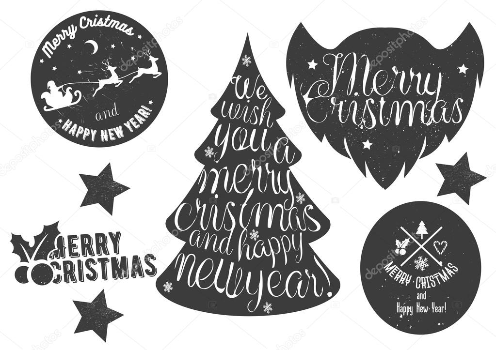 Hand drawn Christmas and New Year decoration set in vintage style. Vector lettering, labels, emblems, design elements