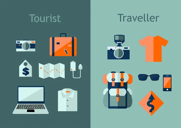 Sada cestovních ikon v plochý. Cestovní plán koncepce. Vektorové ilustrace s prvky návrhu, batoh, mapa, fotoaparát, notebook — Stockový vektor