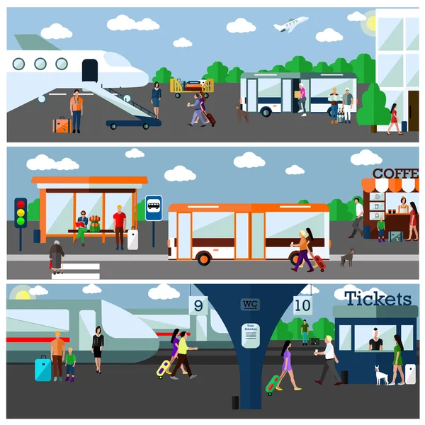 Modo de transporte concepto vector ilustración. Estaciones de aeropuerto, autobús y ferrocarril. Ciudad objetos de transporte, autobús, tren, avión, pasajeros — Vector de stock