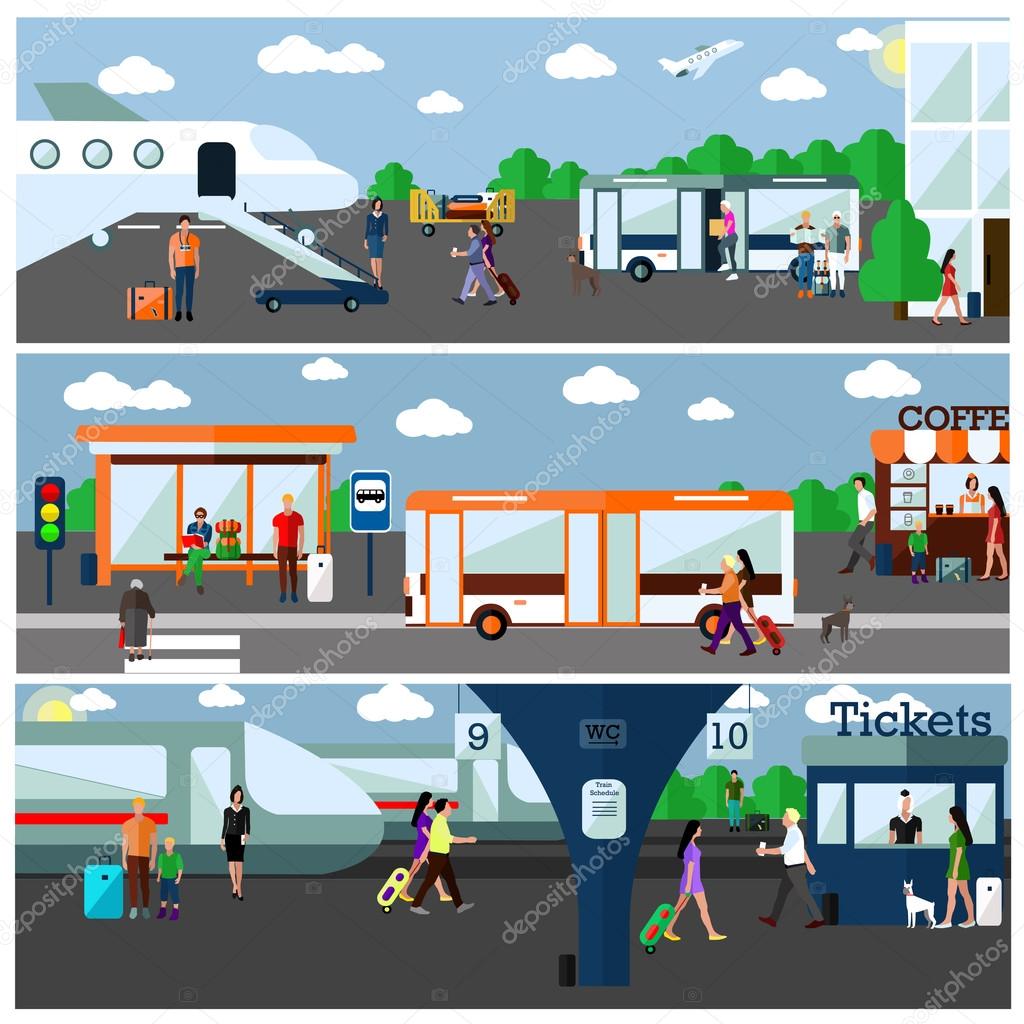 Mode of Transport concept vector illustration. Airport, bus and railway stations. City transportation objects, bus, train, plane, passengers