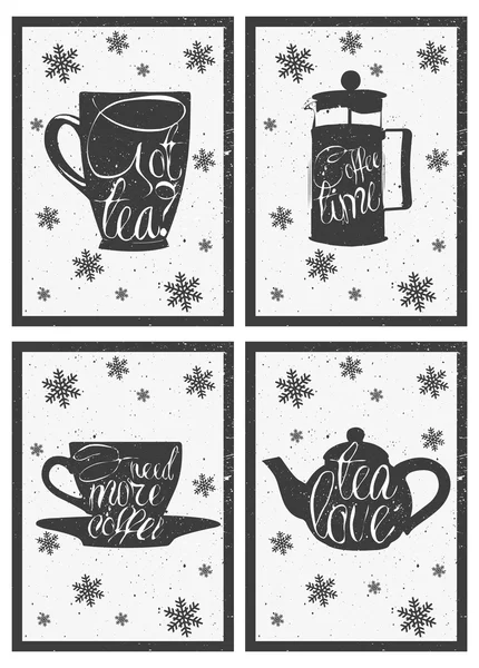 Letras en café caliente y taza de té. Diseño de menú dibujado a mano, póster. Conjunto vectorial de maceta, tazas — Vector de stock