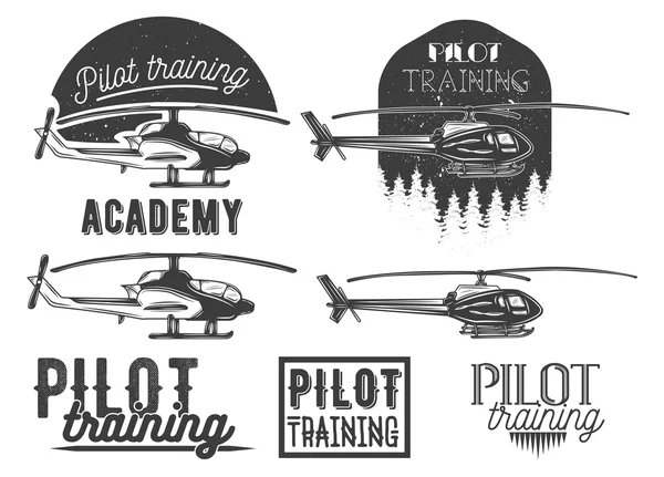 Vector set helikopter school embleem, label, logo en ontwerpelementen. Pilot Academie geïsoleerd pictogrammen — Stockvector