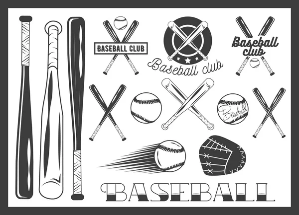 Conjunto vectorial de emblema del club de béisbol, etiqueta, insignias, logotipo y elementos de diseño. Iconos deportivos de estilo vintage. Bate de béisbol, pelota, guante . — Vector de stock