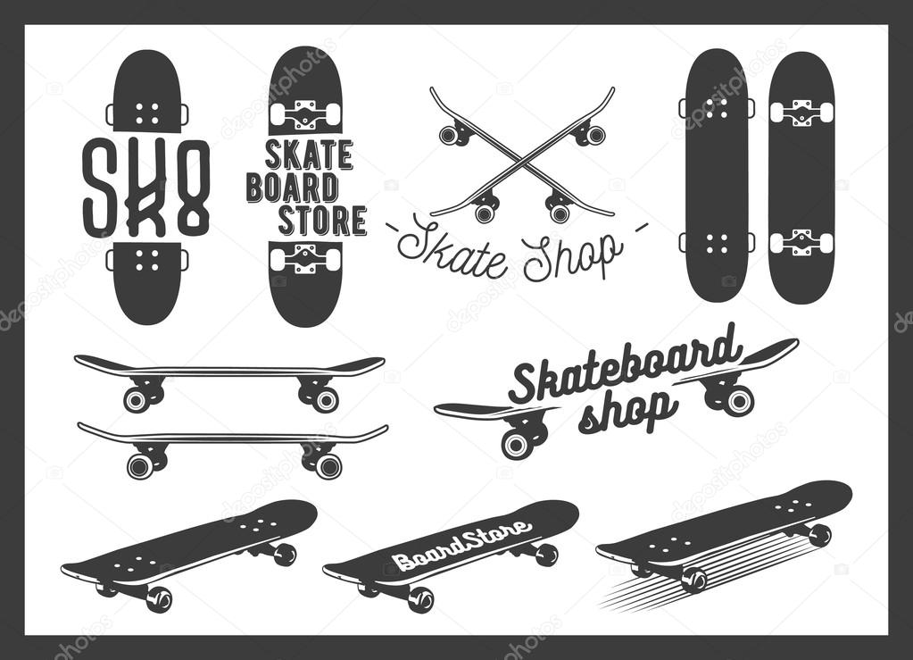 Vector set of skateboard emblems, labels, badges and design elements. Skateboarding concept illustration in monochrome style