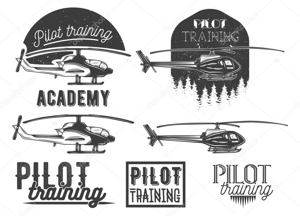 Vector set of helicopter school emblem, label, badges, logo and design elements. Pilot academy isolated icons in vintage style
