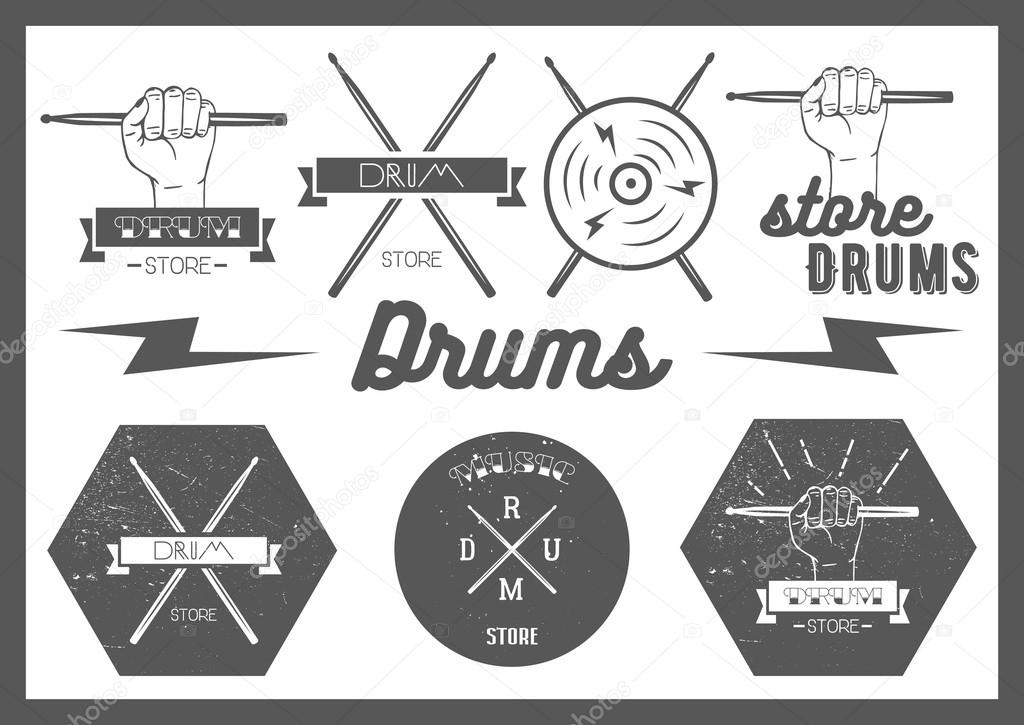 Vector set of vintage style drums labels, emblems and logo. Music design elements drum, drumsticks, hand, snare