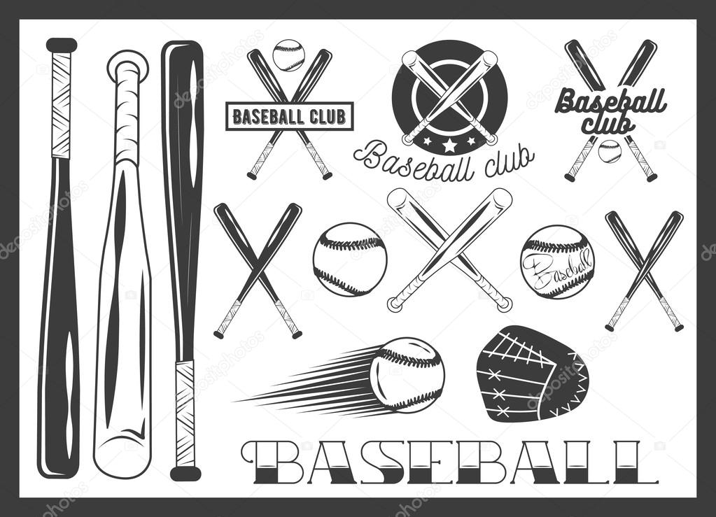 Vector set of baseball club emblem, label, badges, logo and design elements. Sport icons in vintage style. Baseball bat, ball, glove. Crossed bats