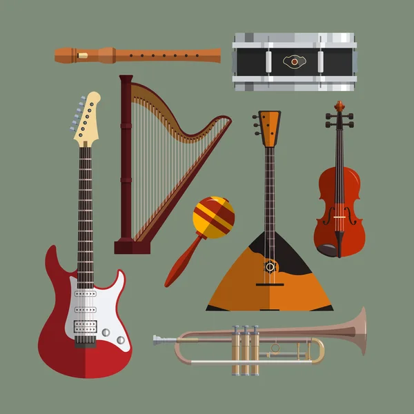 Colección de instrumentos musicales. Conjunto de vector icono de música. Ilustración de diseño plano con objetos musicales, guitarra, violín, tambor, arpa — Vector de stock