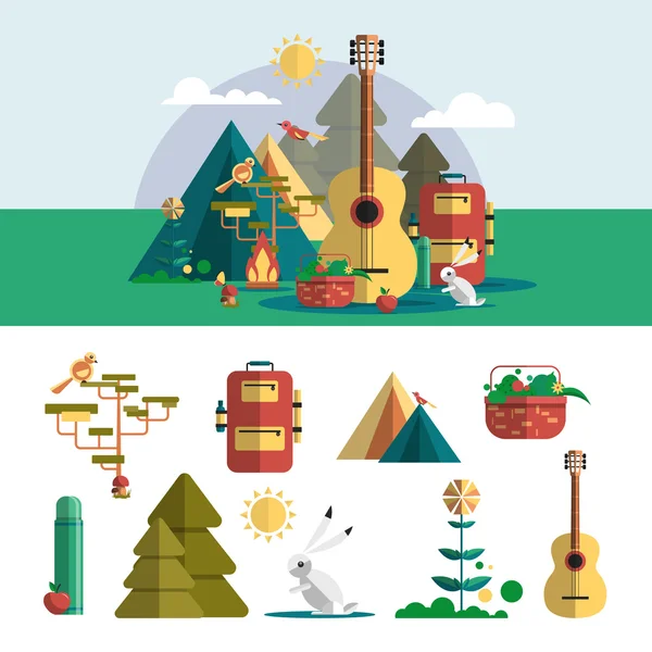 Camping outdoor design elements in flat style. Hiking travel concept with icons, objects. Vector illustration. — Stock Vector