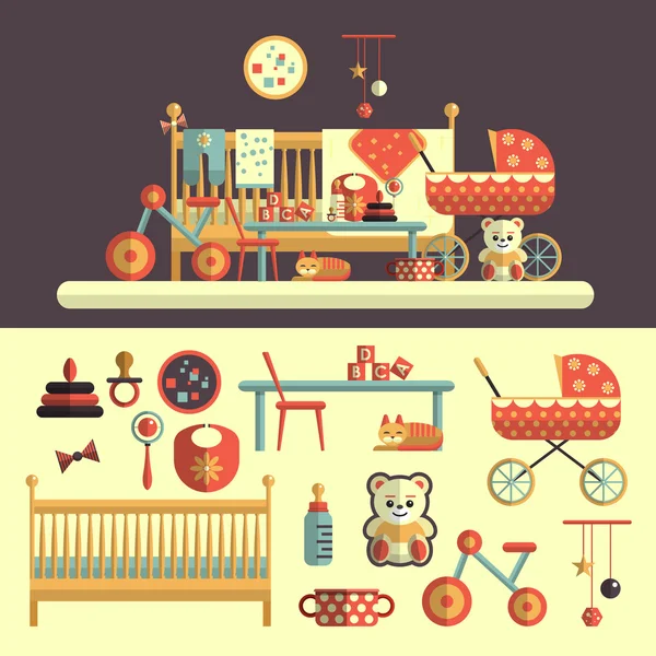 Intérieur de la chambre de bébé et ensemble de jouets pour enfants. Illustration vectorielle en plan. Eléments isolés, lit, chambre d'enfant, ours en peluche, vélo, lait, chariot — Image vectorielle