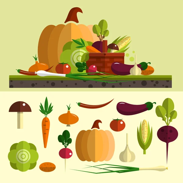 Grönsaker ikoner vektor set i platt stil. Isolerade designelement. Hälsosam mat och ekologiskt jordbruk bakgrund. — Stock vektor