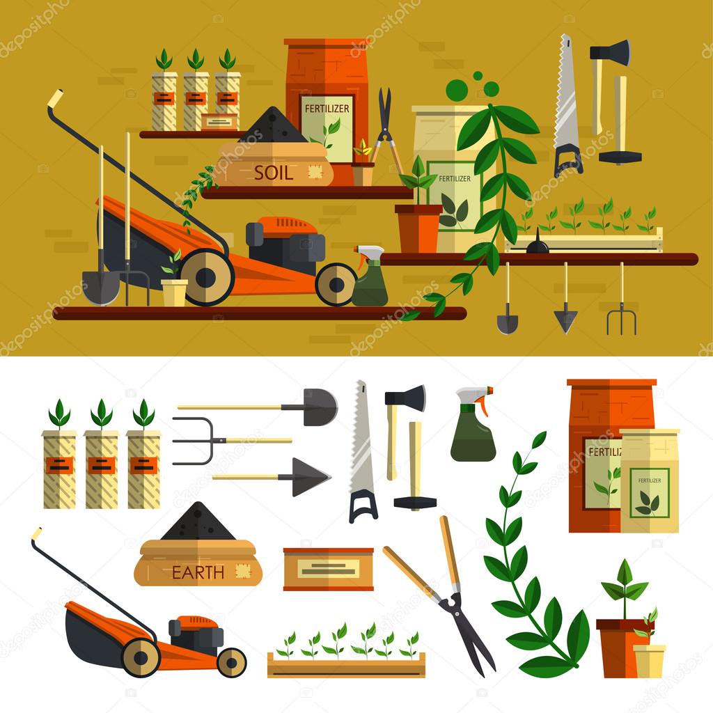 Gardening tools illustration. Vector icon set flat design. Work in garden concept. Lawn mower, soil, tools.