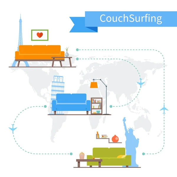 Couch Surfing and sharing economy conконцепции. Векторная иллюстрация в плоском стиле. Инфографика путешествий — стоковый вектор