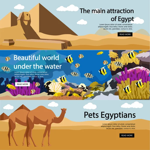 Viaje a Egipto conjunto de vector de banner. Atracciones turísticas y lugares de interés. Concepto turístico con pirámides, buceo en el Mar Rojo, camellos — Vector de stock