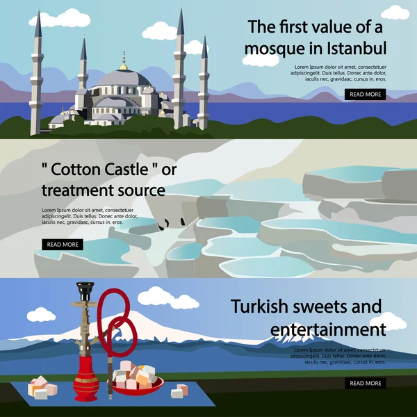Utazás Törökország banner vektor készlet. Török kultúra, látnivalók és nevezetességek — Stock Vector