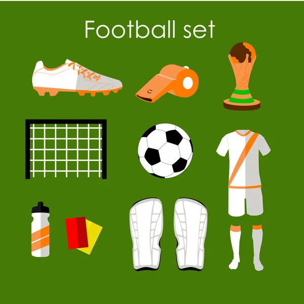 Le icone del calcio sono pronte. Elementi di design isolati nel calcio in stile piatto. Stivali, palla, uniforme, fischietto, cancelli — Vettoriale Stock