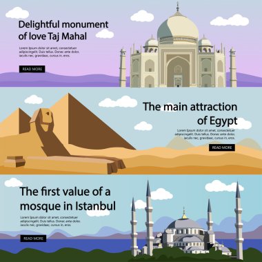 Afiş vektör set seyahat. Uluslararası Kültür, turistik ve yerler. Türkiye'de cami, Mısır piramitleri, Hindistan Taj Mahal.