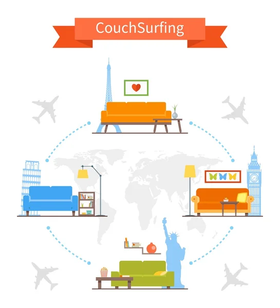 Couch Surfing and sharing economy conконцепции. Векторная иллюстрация в плоском стиле. Инфографика путешествий — стоковый вектор