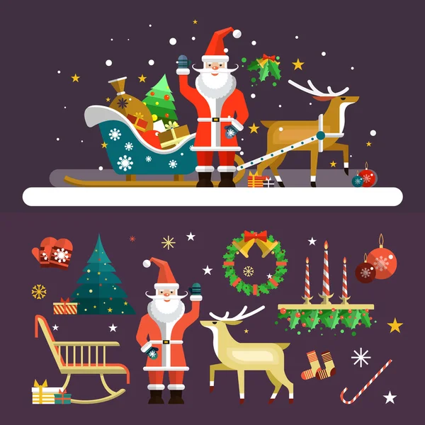 Jul och nyår ikoner vektor set i platt stil. Santa Claus, rådjur, julgran designelement — Stock vektor