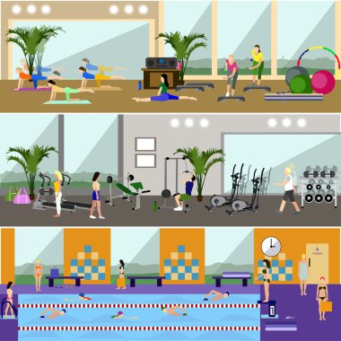 Yatay vektör afiş spor salonu iç mekanlara sahip. Spor faaliyetleri kavramı. Yoga, meditasyon, fitness, Yüzme Havuzu. Düz çizgi film illüstrasyon.
