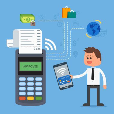 Mobil ödeme ile smartphone. Ödeme terminal kavramı. Online işlemler, paypass ve Nfc. çizgi film düz stil illüstrasyon vektör.