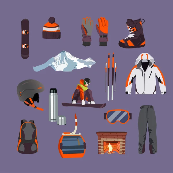 Conjunto de vetores de ícones de equipamentos Ski e Snowboard. Esportes de inverno elementos isolados em design plano —  Vetores de Stock