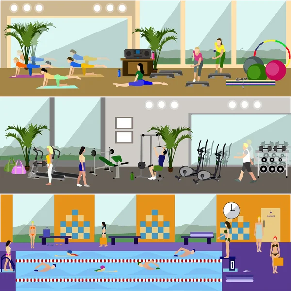 健身房室内设计水平向量横幅。体育活动概念。瑜伽，健身，游泳池。平的卡通插图. — 图库矢量图片