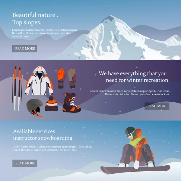 Vector uppsättning skid- och Snowboard utrustning banners. Vintersport designelement i platt stil — Stock vektor