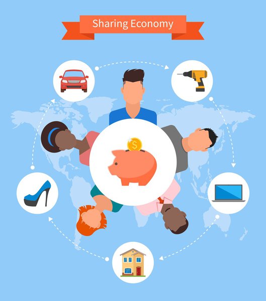 Sharing economy and smart consumption concept. Vector illustration in flat style.
