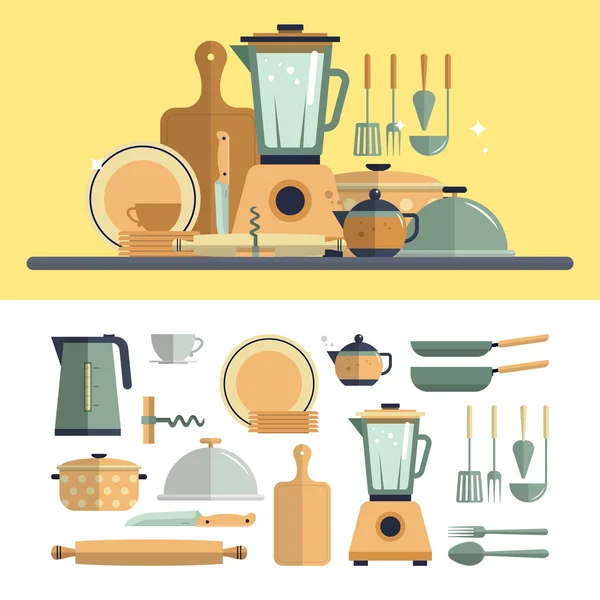 Cozinha utensílios de cozinha ícones isolados sobre fundo branco. Ilustração vetorial de design plano . —  Vetores de Stock
