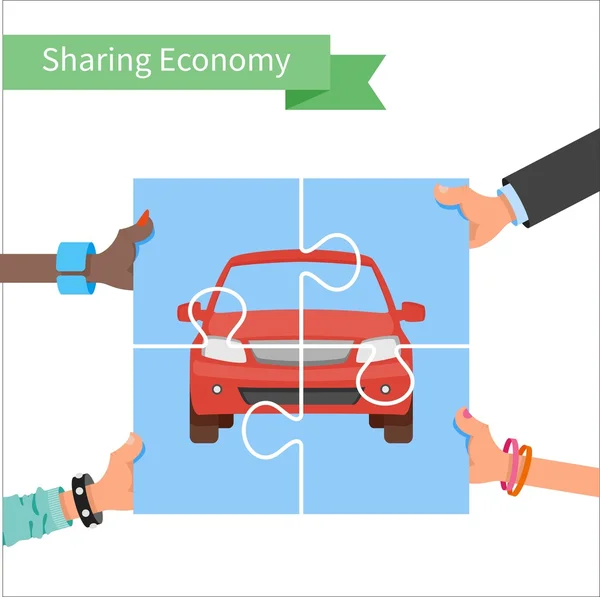 Concepto de coche compartido. Compartir economía y vector de consumo colaborativo Ilustración. Manos sosteniendo rompecabezas vehículo — Vector de stock