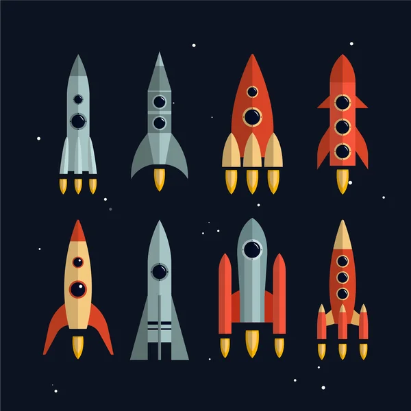 Espacio cohetes vector iconos establecidos en estilo plano. Exploración y creación de empresas concepto de lanzamiento. Elementos de diseño aislados . — Vector de stock